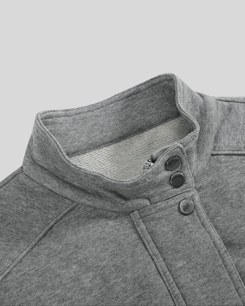 Closeup of stand collar and snap detailing on ContourEase Stand Collar Jacket in Flower Gray