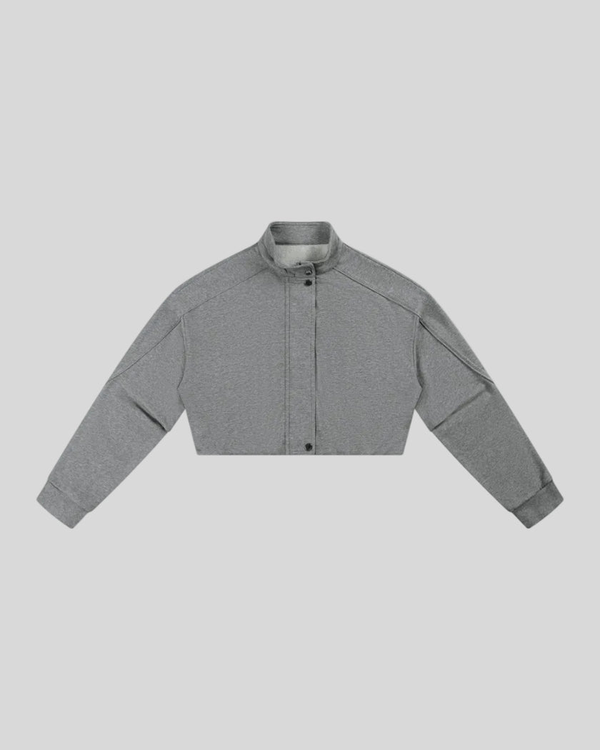 ContourEase Stand Collar Jacket in Flower Gray front view with snap collar and concealed closure