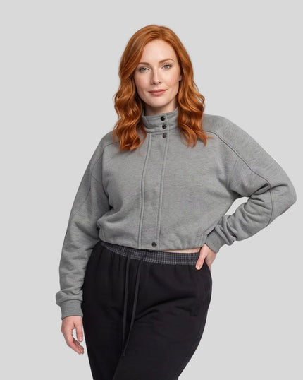 Upper body front view of woman in her 40's wearing ContourEase Stand Collar Jacket in Flower Gray