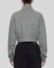 Upper body back view of woman wearing ContourEase Stand Collar Jacket in Flower Gray