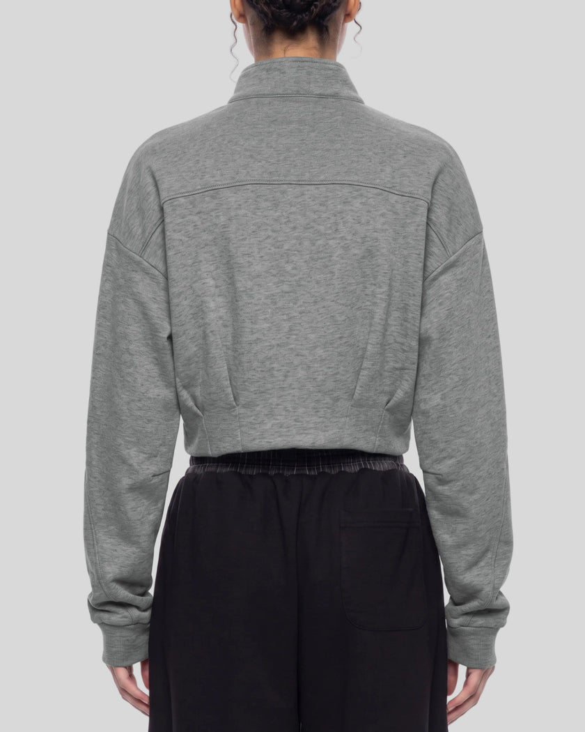 Upper body back view of woman wearing ContourEase Stand Collar Jacket in Flower Gray