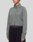 Upper body front angle view of woman wearing ContourEase Stand Collar Jacket in Flower Gray