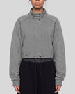 Upper body front view of woman wearing ContourEase Stand Collar Jacket in Flower Gray