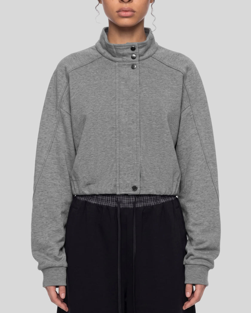 Upper body front view of woman wearing ContourEase Stand Collar Jacket in Flower Gray
