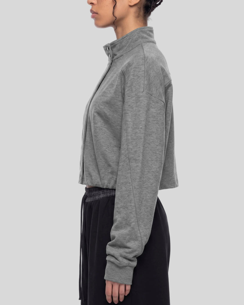 Upper body side view of woman wearing ContourEase Stand Collar Jacket in Flower Gray