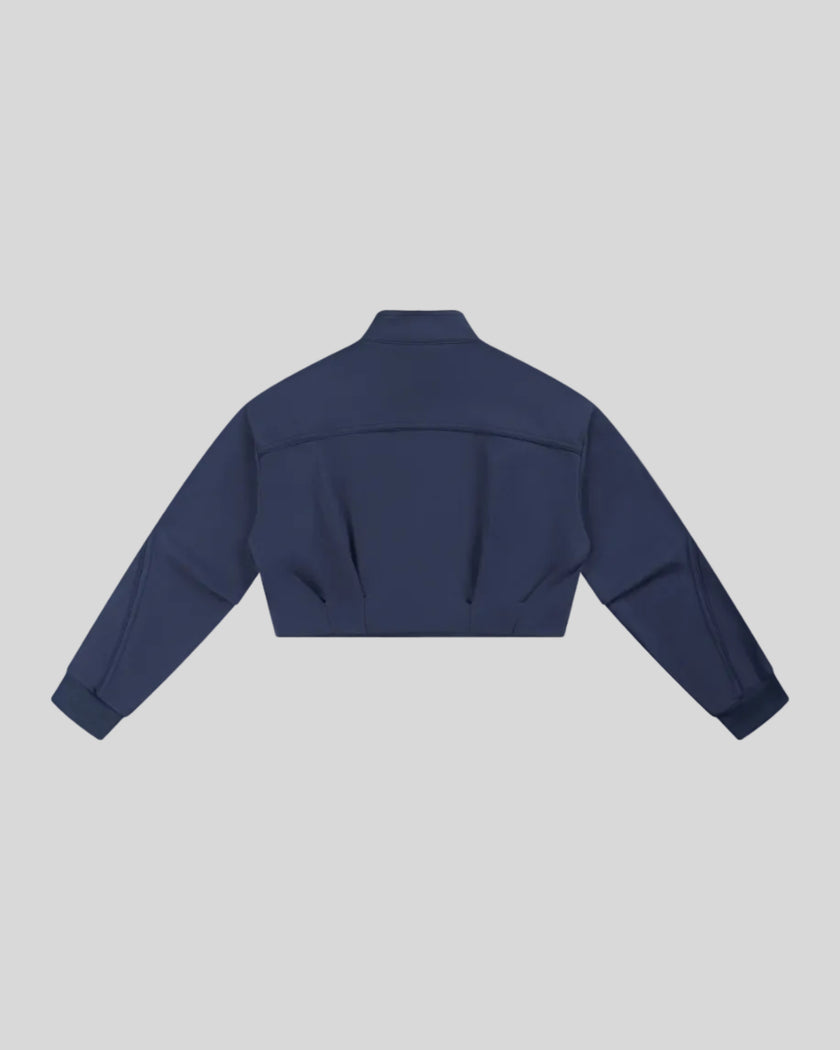 ContourEase Stand Collar Jacket in Navy Blue back view with relaxed boxy silhouette