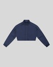 ContourEase Stand Collar Jacket in Navy Blue front view with snap collar and concealed closure