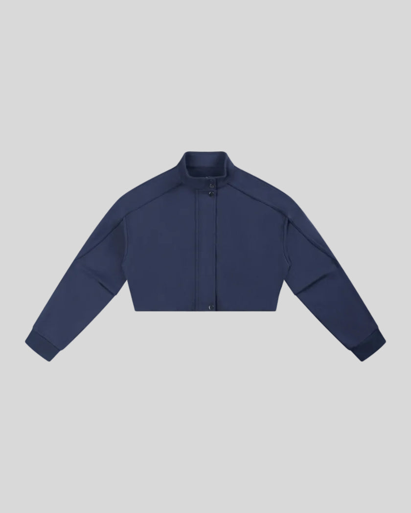 ContourEase Stand Collar Jacket in Navy Blue front view with snap collar and concealed closure