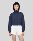 Upper body front view of woman wearing ContourEase Stand Collar Jacket in Navy Blue