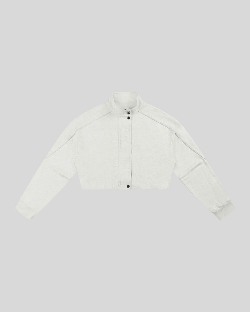 ContourEase Stand Collar Jacket in Oat Gray front view with snap collar and concealed closure