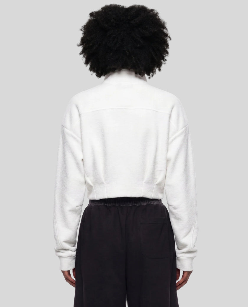 Upper body back view of woman wearing ContourEase Stand Collar Jacket in Oat Gray