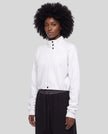 Upper body front angle view of woman wearing ContourEase Stand Collar Jacket in Oat Gray