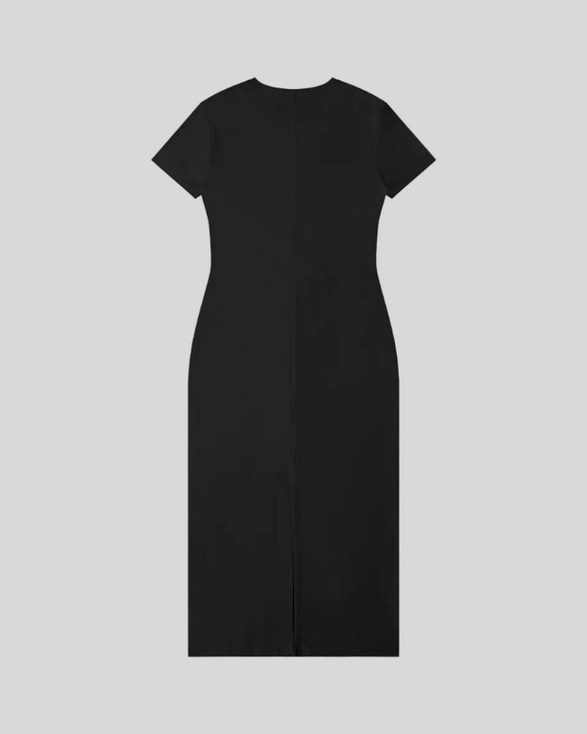 ContourEase V-Neck Maxi Dress in Black, flat lay back view showing streamlined silhouette and back slit