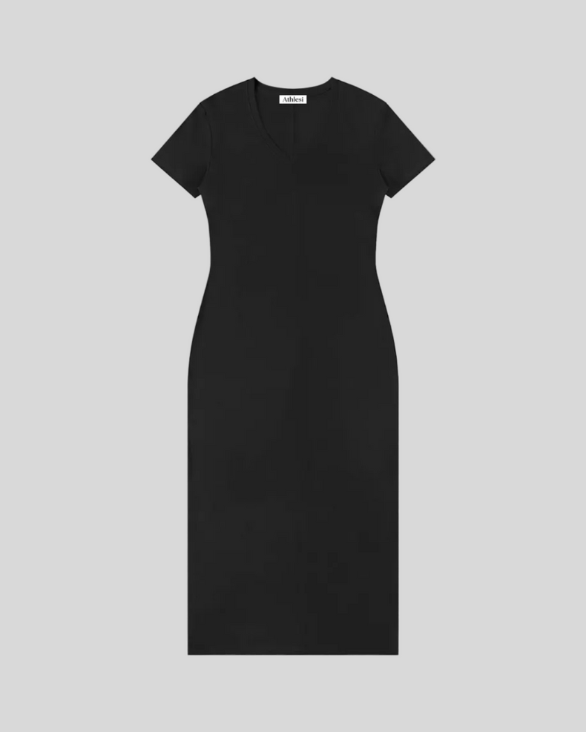 ContourEase V-Neck Maxi Dress in Black, flat lay front view showing slim silhouette and V-neckline