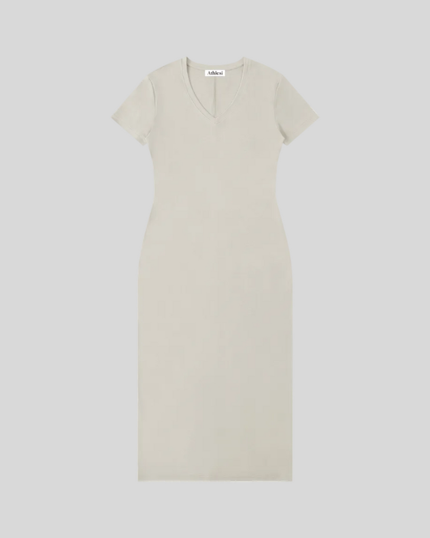 ContourEase V-Neck Maxi Dress in Light Gray, flat lay front view showing slim silhouette and V-neckline