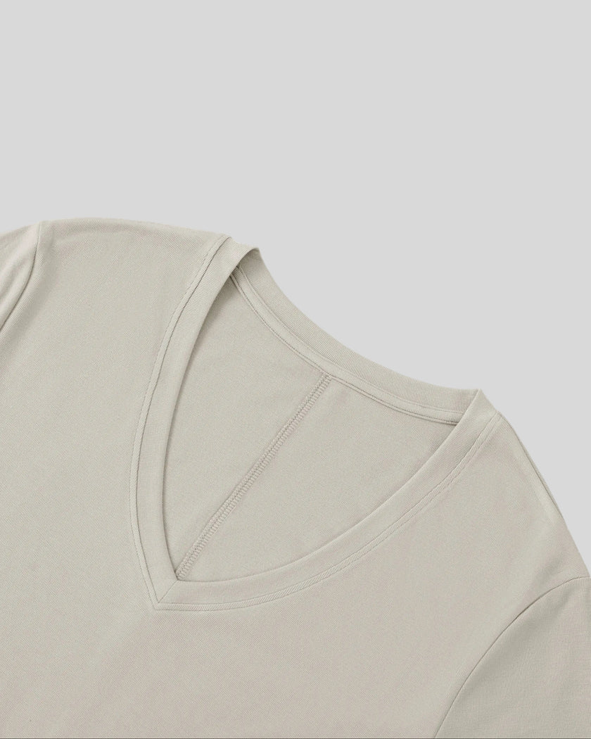 ContourEase V-Neck Maxi Dress in Light Gray, closeup of flattering V-neckline and front construction