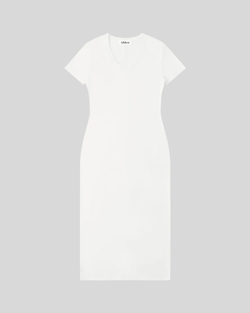 ContourEase V-Neck Maxi Dress in White, flat lay front view showing slim silhouette and V-neckline