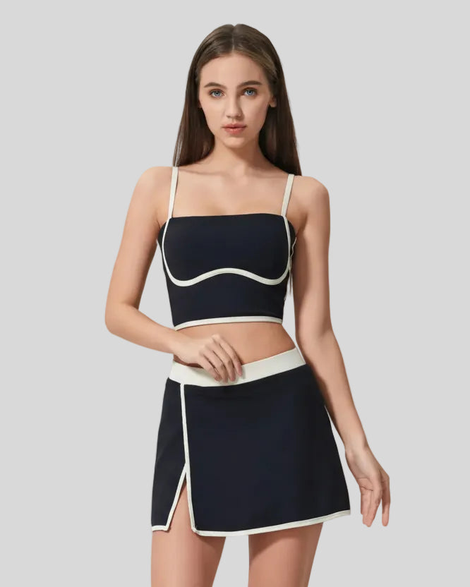 Full body view of ContourEdge black active cami styled as an athleisure set