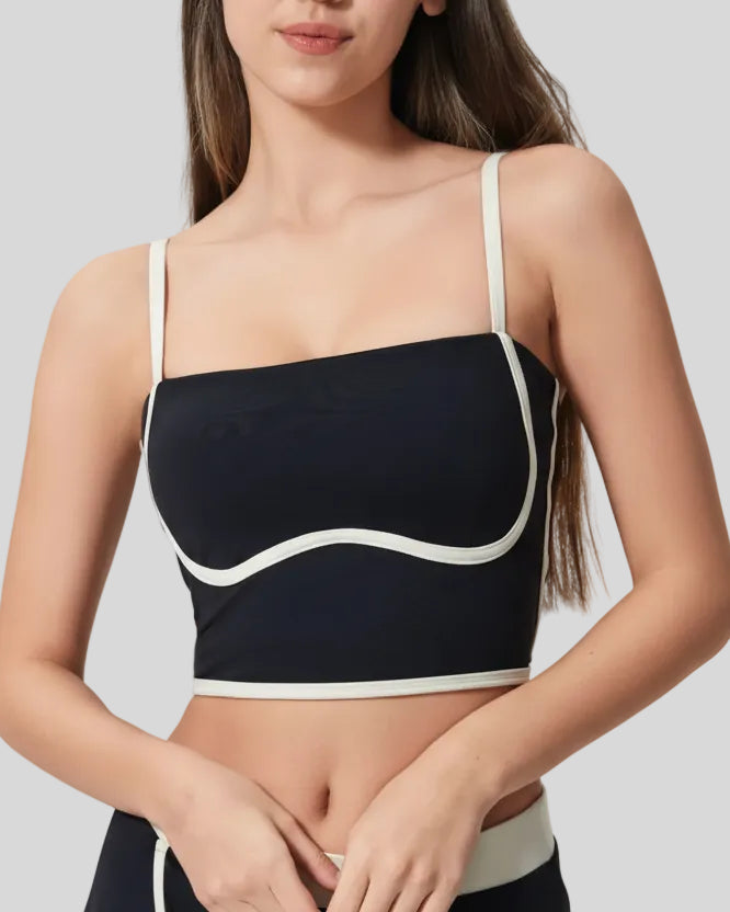 ContourEdge active cami in black front view with square neckline and contrast trim