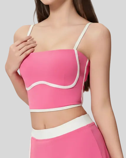 Angled front view of ContourEdge fuchsia pink active cami with longline silhouette