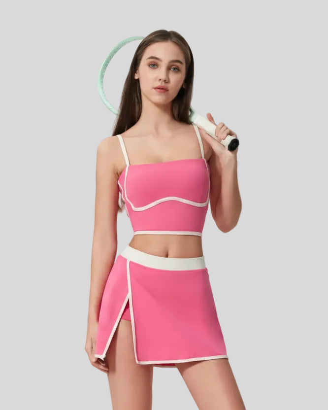 Full body view of ContourEdge fuchsia pink active cami styled as an athleisure set
