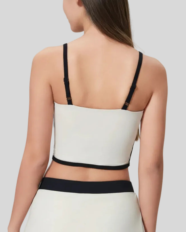 Back view of ContourEdge active cami in white with adjustable straps and smooth fit