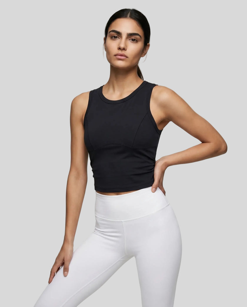 Model wearing the ContourForm Studio Tank in black front view
