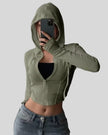 ContourZip Ribbed Jacket in army green front view with hood up showing drawstring detail