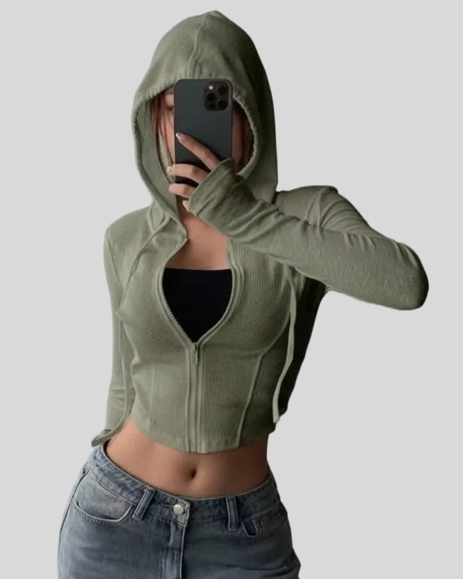 ContourZip Ribbed Jacket in army green front view with hood up showing drawstring detail