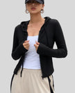 ContourZip Ribbed Jacket in black front open view showing ribbed texture and cropped silhouette