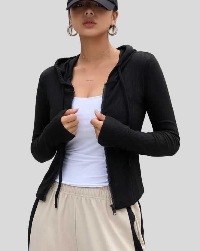 ContourZip Ribbed Jacket in black front open view showing ribbed texture and cropped silhouette