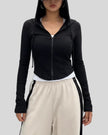ContourZip Ribbed Jacket in black front view with hood up showing drawstring detail