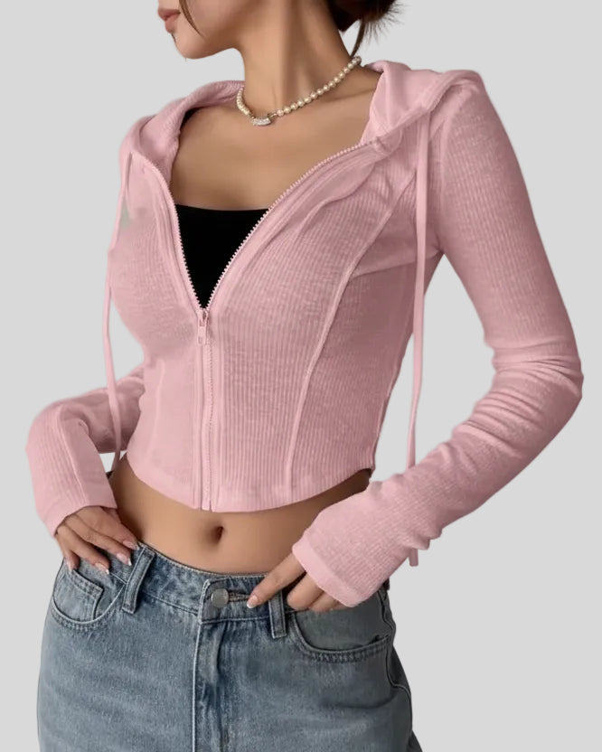 ContourZip Ribbed Jacket in pink left angled view showing contour fit and structure