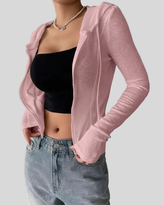 ContourZip Ribbed Jacket in pink angled open view highlighting ribbed texture