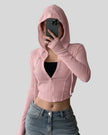ContourZip Ribbed Jacket in pink front view with hood up showing drawstring detail