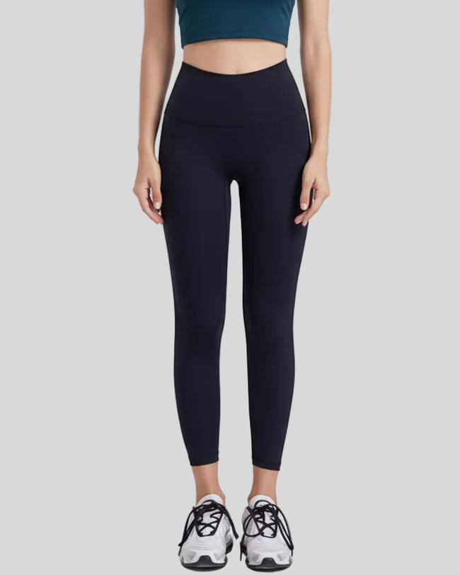 Athlesi CoreBand Performance Legging in Black, front view showing high-rise wide waistband