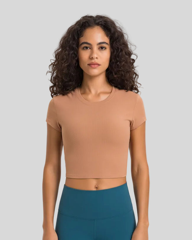 Athlesi CoreFlow Cropped Active Top in Brown, front view
