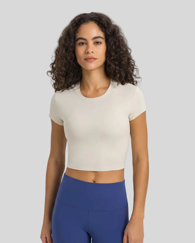 Athlesi CoreFlow Cropped Active Top in Ivory, front view