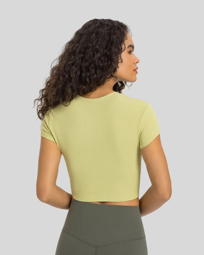 Athlesi CoreFlow Cropped Active Top in Lemon, back view