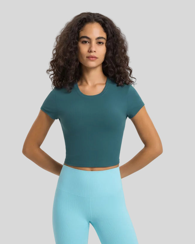 Athlesi CoreFlow Cropped Active Top in Teal, front view