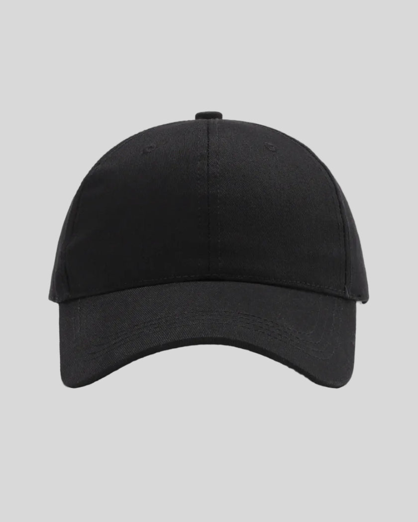 CoreForm Essential Cap in black front view with structured crown and curved brim