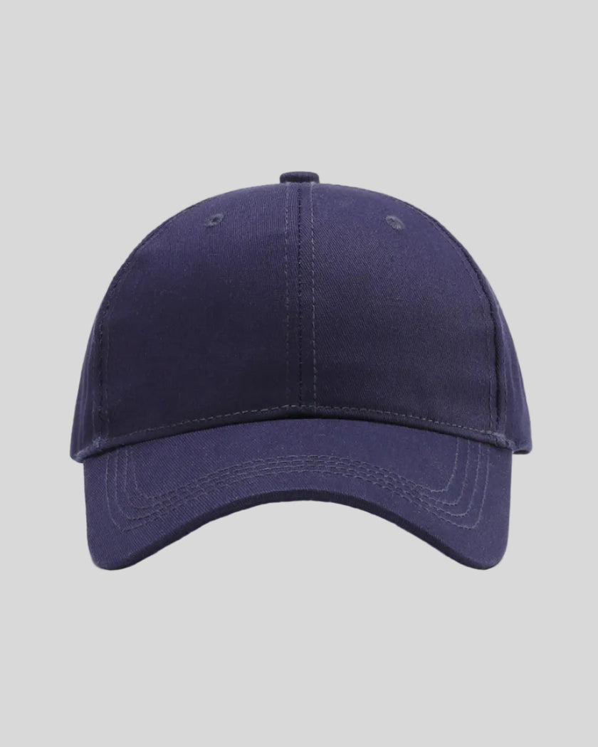 CoreForm Essential Cap in dark blue front view with structured crown and curved brim