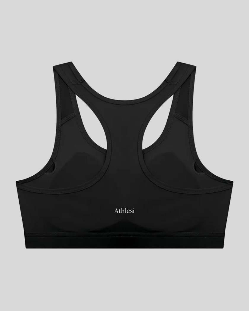 Black CoreForm sports bra back view Athlesi branding