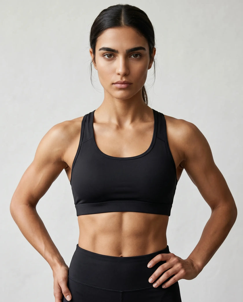 CoreForm Sports Bra in black, front view styled on model