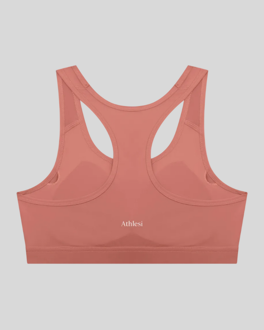 Brick red CoreForm sports bra back view Athlesi branding