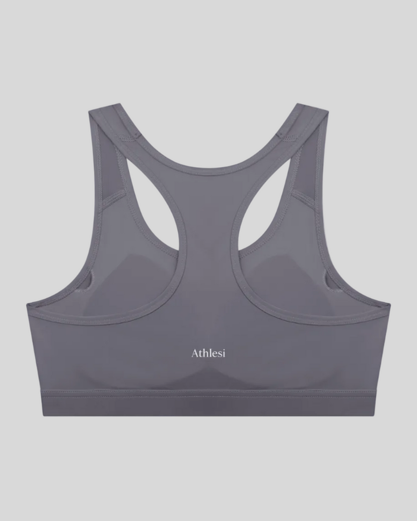 Dark purple CoreForm sports bra back view Athlesi branding