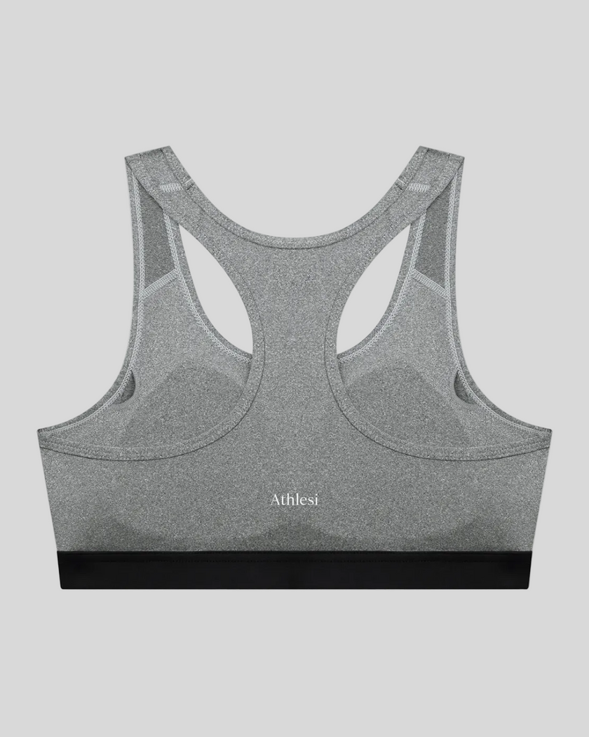 Flower gray CoreForm sports bra back view Athlesi branding