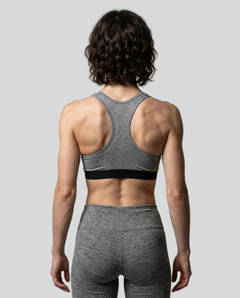CoreForm Sports Bra in flower gray, back view styled on model