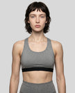 CoreForm Sports Bra in flower gray, front view styled on model