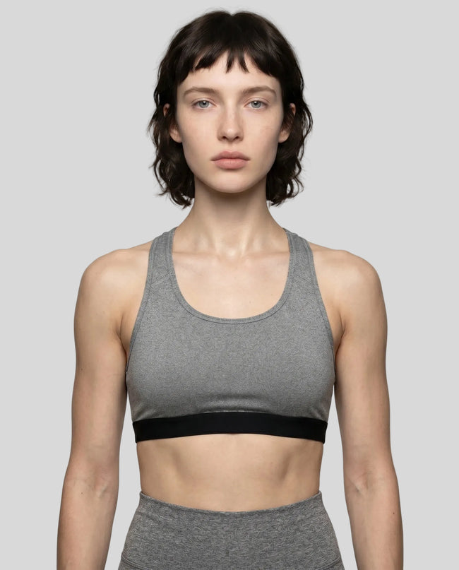 CoreForm Sports Bra in flower gray, front view styled on model